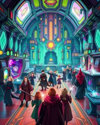 Immerse yourself in a vibrant and energetic magical school filled with young wizards, showcasing futuristic architecture and 