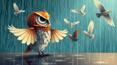 An intricate origami-style illustration depicts a wet, rainy scene featuring a blind owl, reminiscent of Pixar's animation st