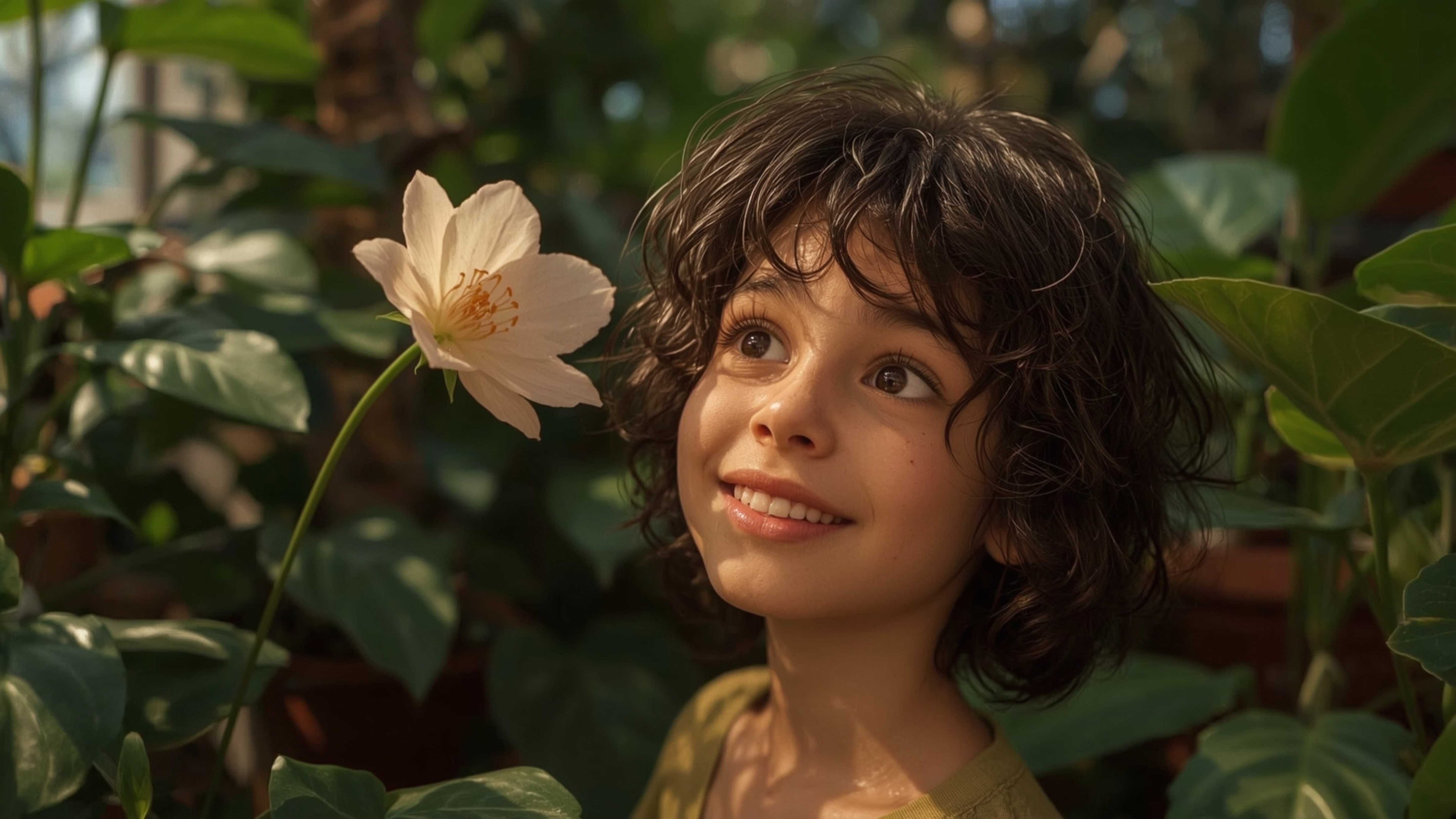 A vibrant, cinematic photograph of a bright-eyed, homeschooled genius, reminiscent of Pixar's whimsical style, beaming with j