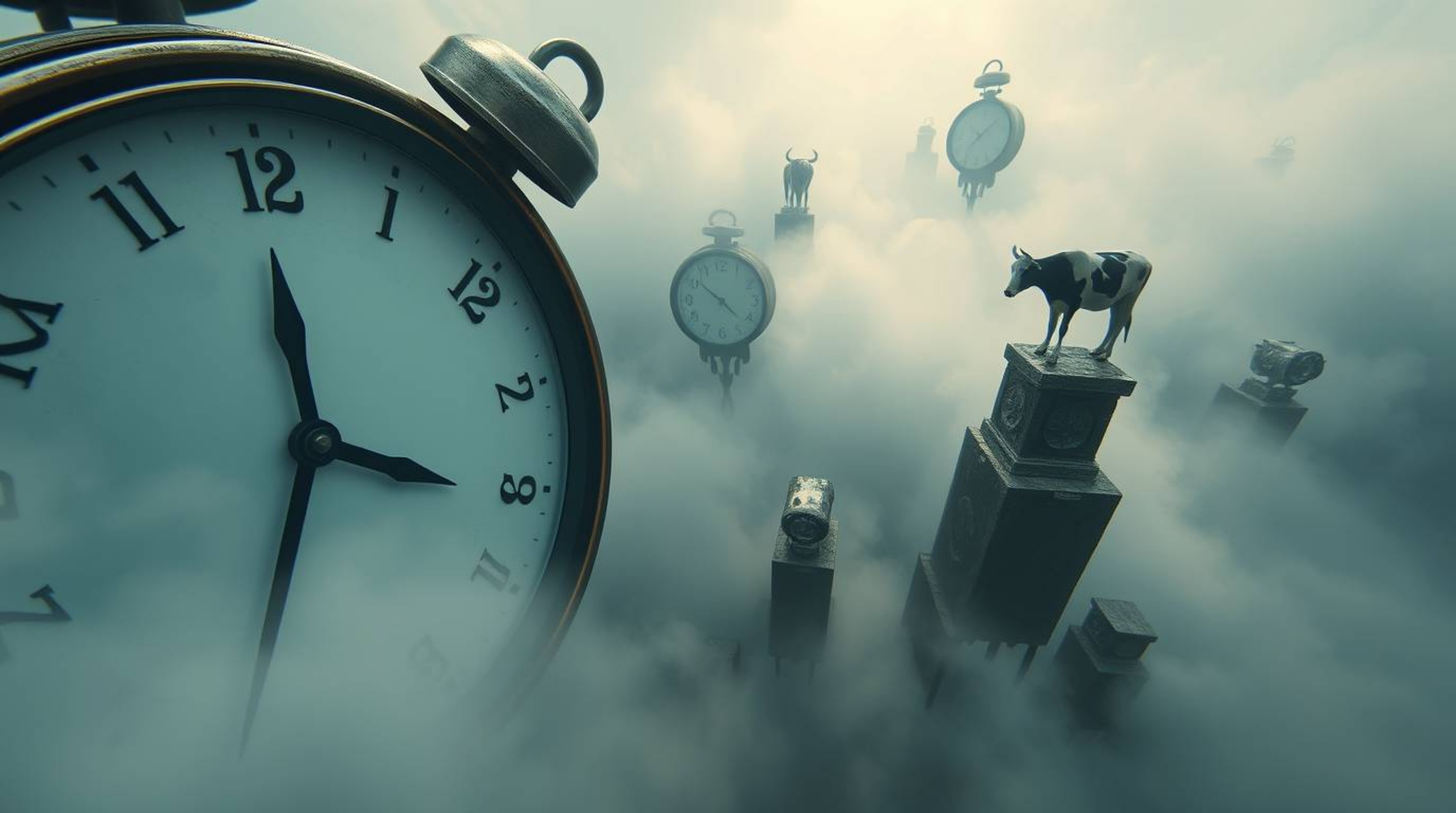 Immerse yourself in a surreal dreamscape featuring melting clocks and floating cows, captured from a high-angle perspective. 