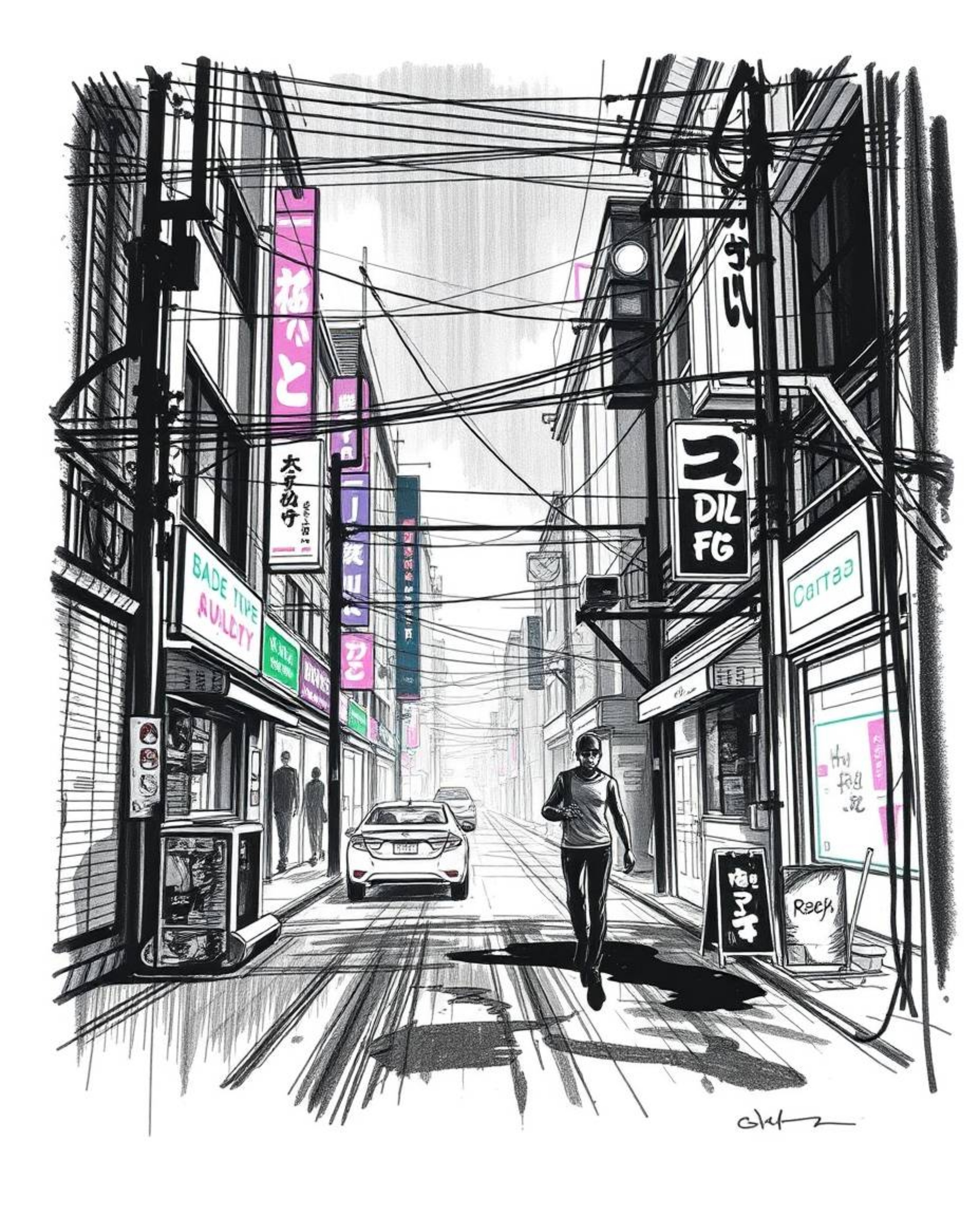 Explore a pixelated glitch image depicting a cyberpunk street scene, rendered in a unique hand-drawn sketch style. The artwor