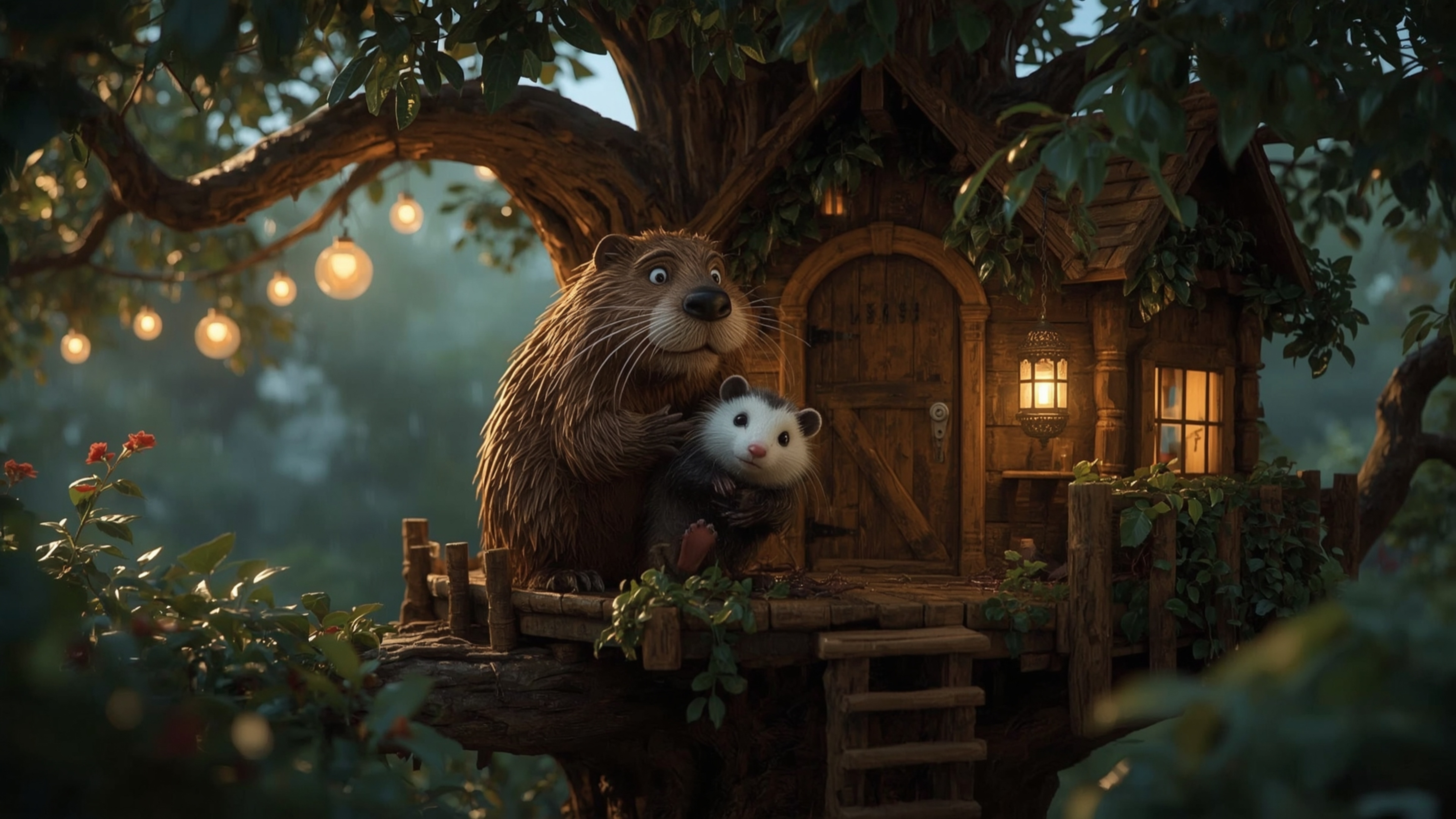 A high-resolution, commercially viable stock photo depicts a meticulous and determined Pixar-inspired beaver constructing a s