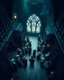 Explore a magical school brimming with young wizards from a captivating high-angle perspective. This image, rendered in a str
