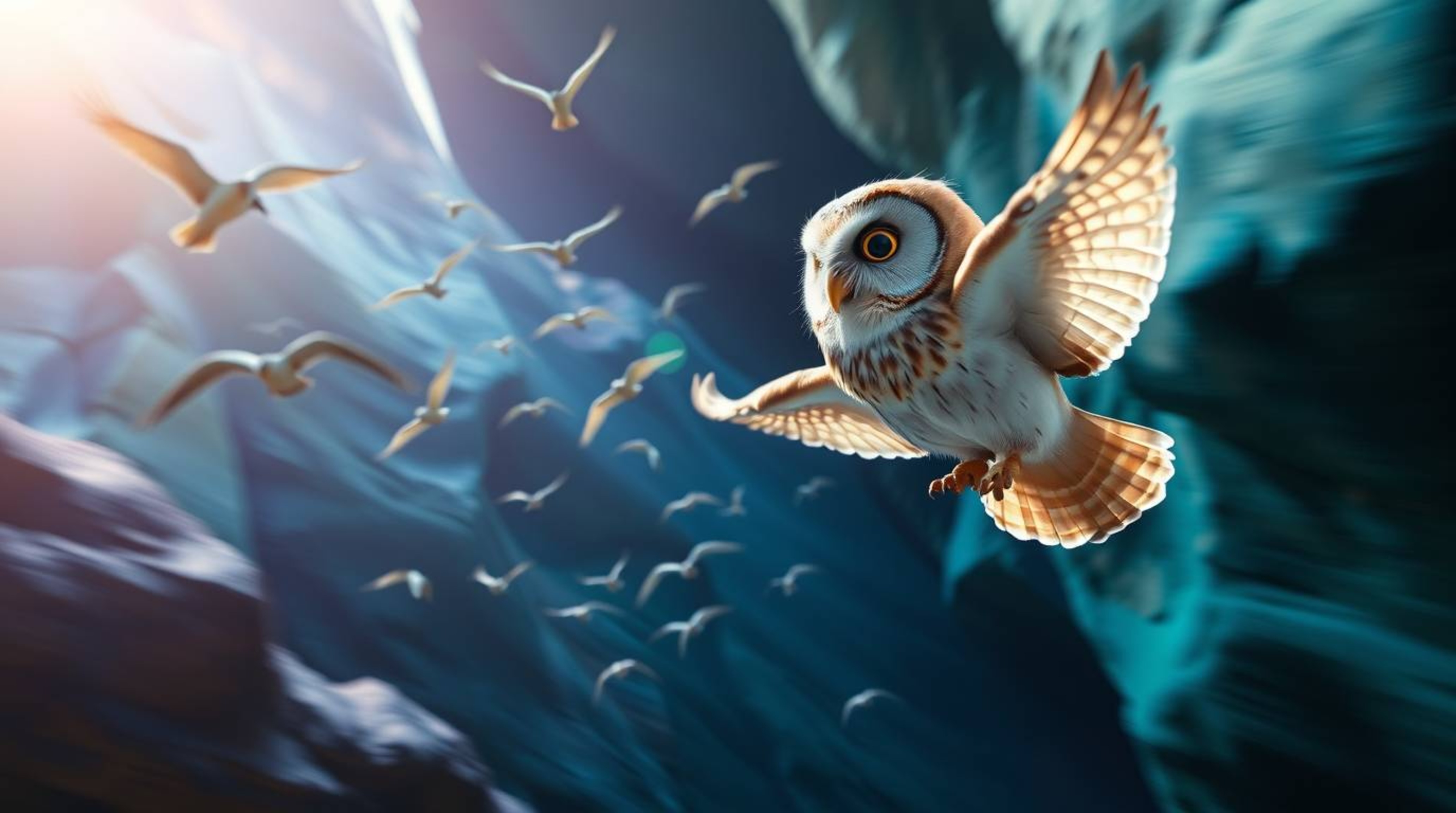 This long-exposure photograph, rendered in a heartwarming Pixar style, depicts a blind owl with soft, feathery plumage as it 