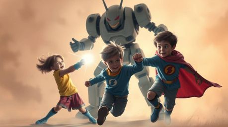 A captivating image depicting three superpowered children engaged in a dynamic battle against a formidable robot. The scene i