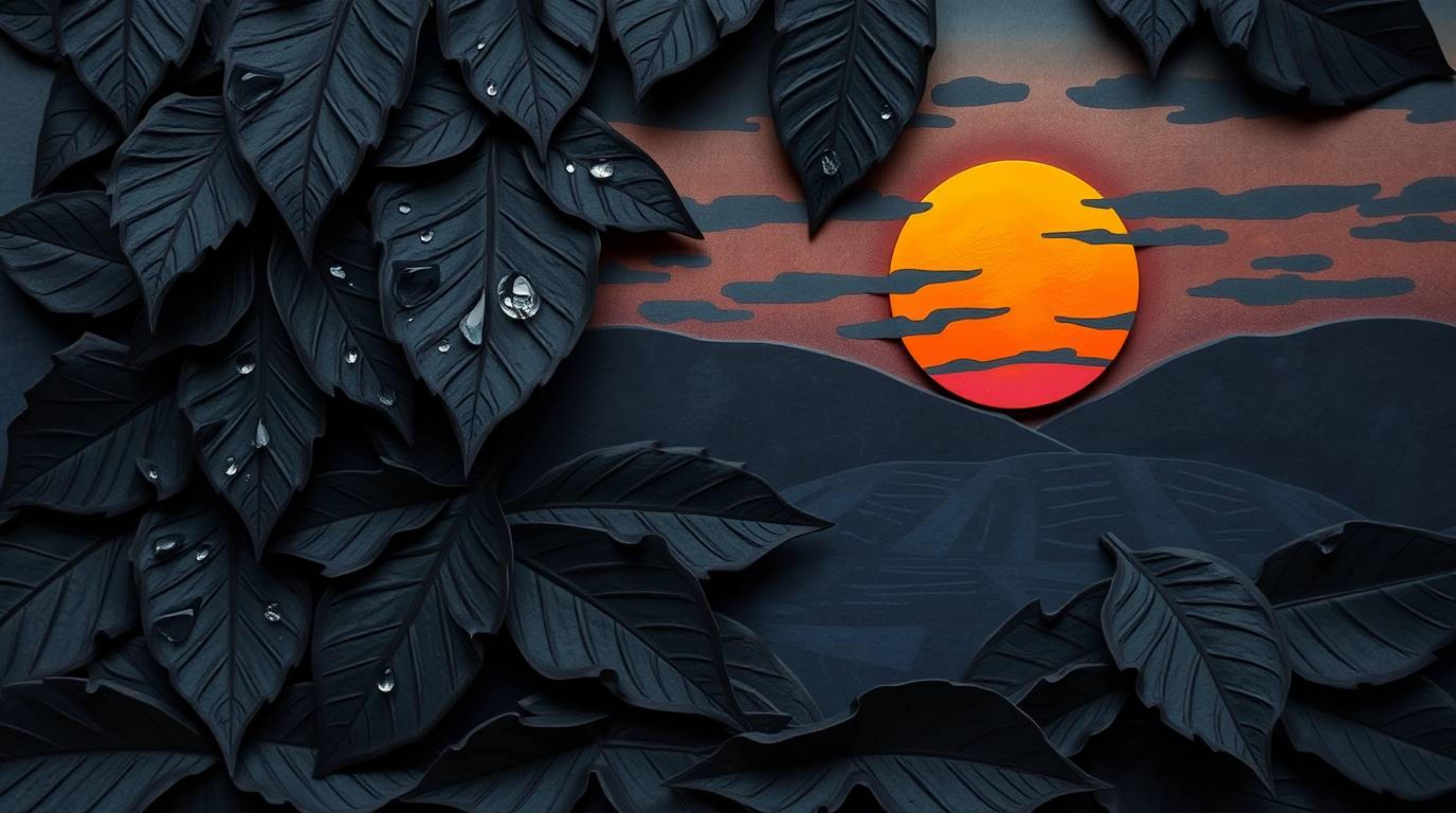 This sculpted papier-mâché artwork captures a stunning sunset reflecting in raindrops clinging to leaves. The piece boasts a 