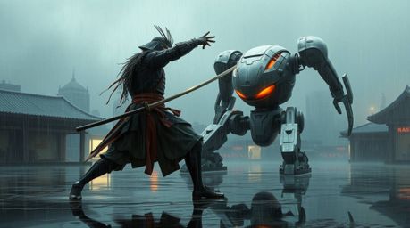 A captivating digital painting depicts a fierce battle between a samurai and a robot in a rain-soaked dystopian city.  The ar