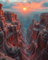 Dreamlike and surreal imagery depicts a stunning sunset scene, featuring sandstone cliffs in a canyon illuminated by the sett