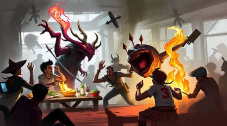 A vibrant digital sketch depicting a chaotic food fight in a cartoon cafeteria.  The scene is rendered in a painterly style w