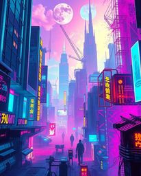Immerse yourself in a vibrant, futuristic cityscape, a cyberpunk environment bursting with electric colors and dramatic contr