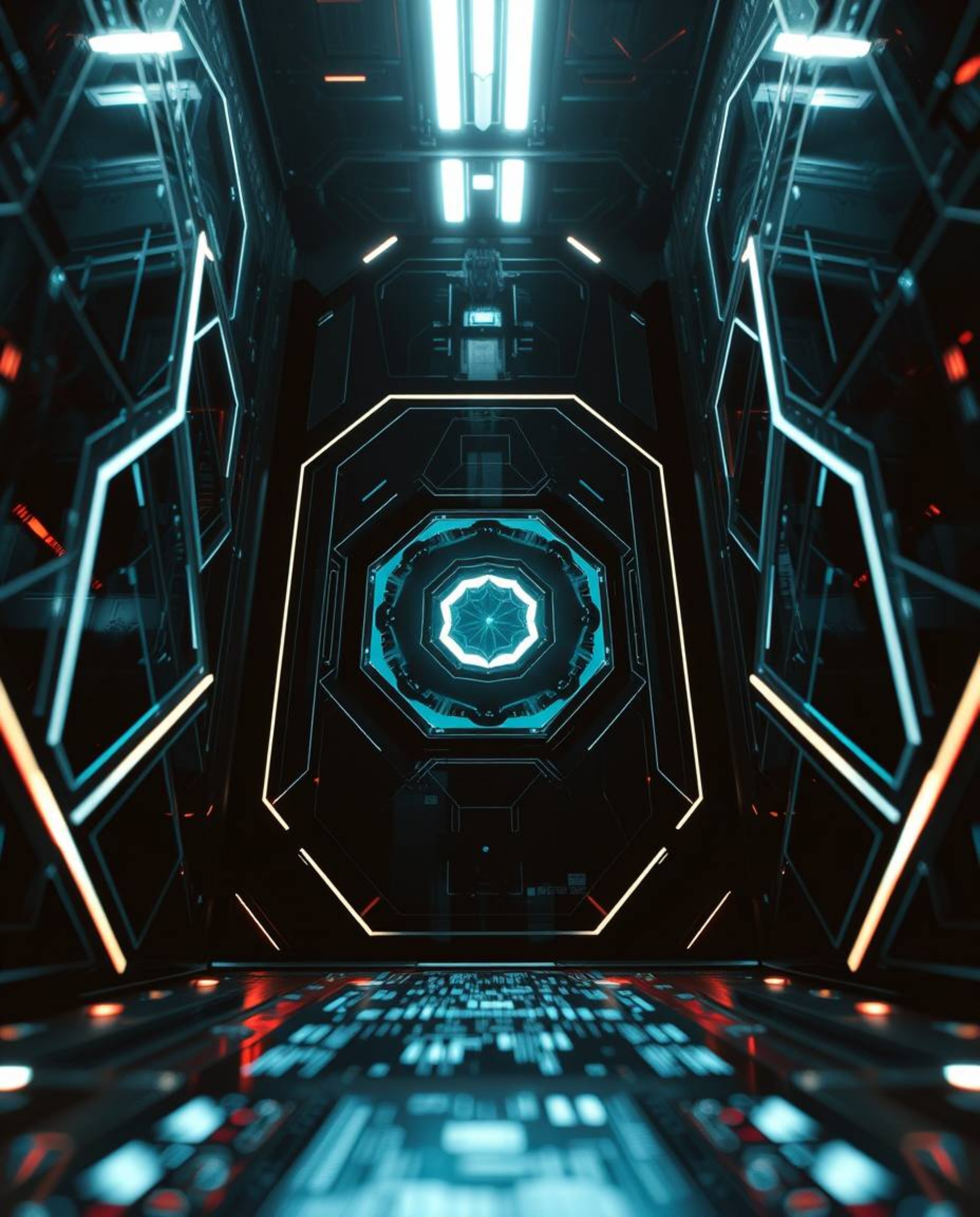Experience a vision of the future with this captivating digital interface. A low-angle perspective showcases geometric patter
