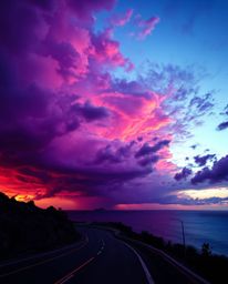 This photorealistic artwork captures a winding coastal highway under a sunset sky, characterized by intense and dramatic weat