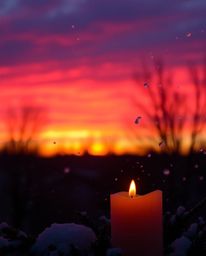 A beautiful scene captures a vibrant sunset with falling snowflakes, illuminated by a warm candlelight glow. The artwork feat