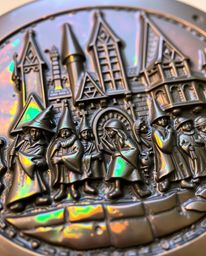 This artwork features iridescent colors reflecting on a cast bronze surface, depicting a magical school teeming with young wi