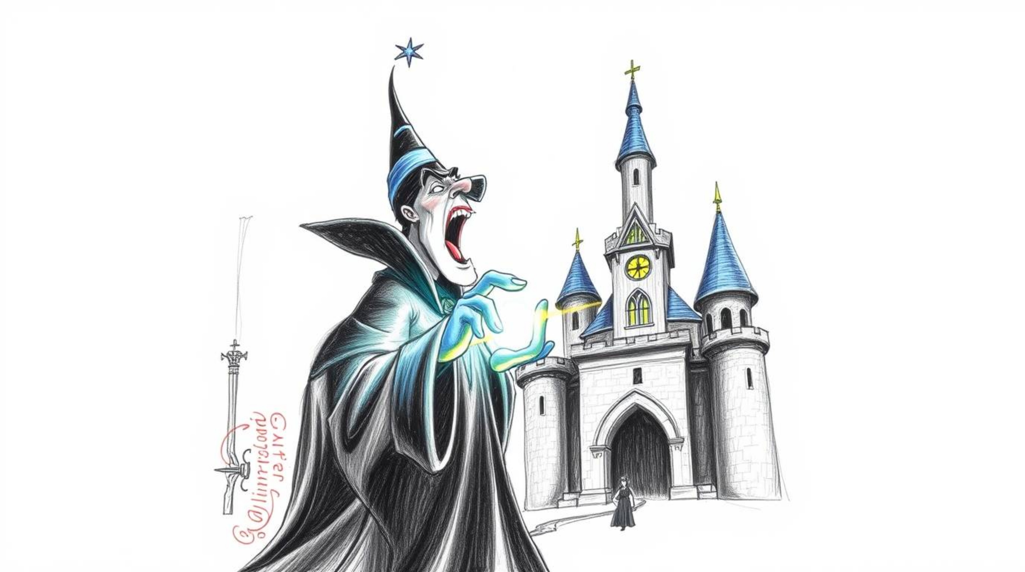 A captivating hand-drawn sketch depicts a classic Disney villain casting a spell within the walls of an old castle.  Bright l