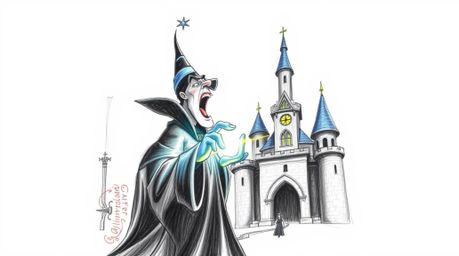 A captivating hand-drawn sketch depicts a classic Disney villain casting a spell within the walls of an old castle.  Bright l