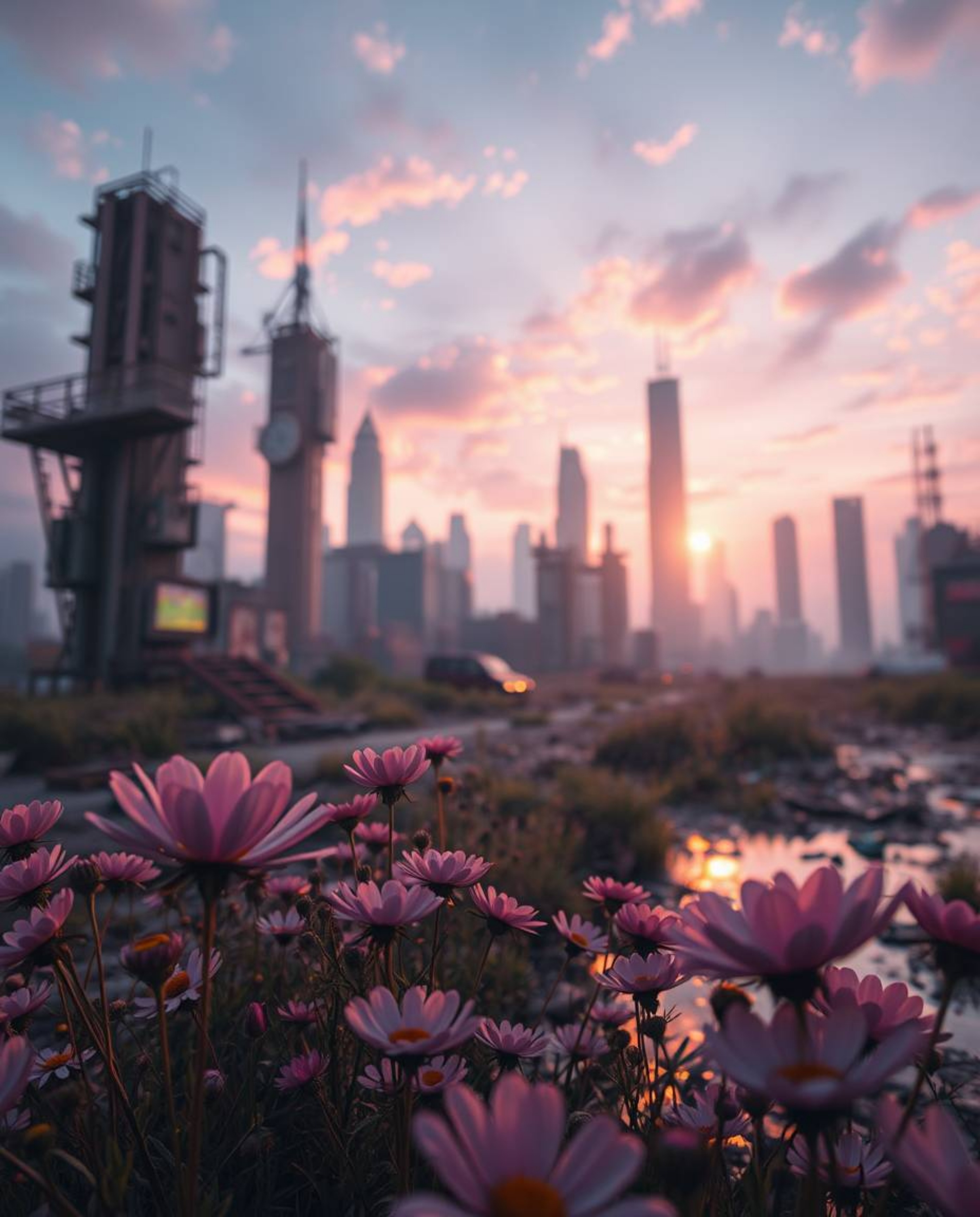 Experience a soft, dreamy atmosphere in a post-apocalyptic city where iridescent colors reflect over blooming flowers. This a