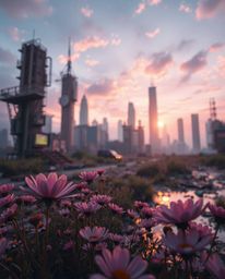 Experience a soft, dreamy atmosphere in a post-apocalyptic city where iridescent colors reflect over blooming flowers. This a