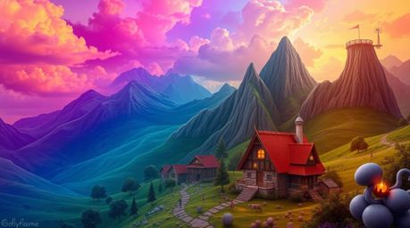 Discover a breathtaking, surreal village nestled in a vibrant valley under a colorful sky. This dreamlike scene features smoo
