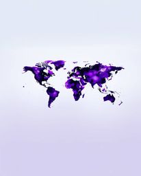 This artwork features a stunning world map depicted with deep ultraviolet splashes and vivid purples, creating a high contras