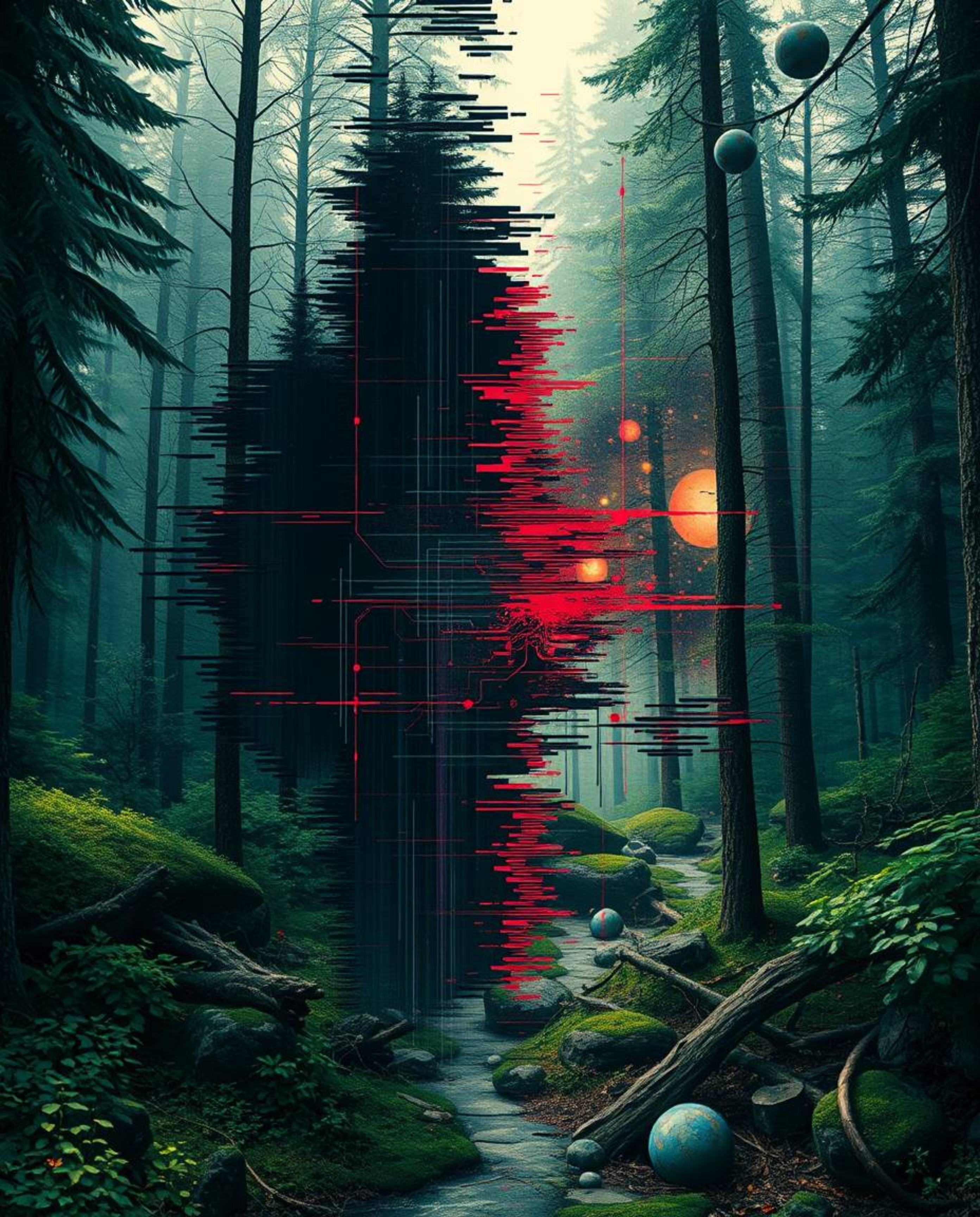 A captivating surreal digital painting showcases a striking contrast between two distinct sections, divided by a bold digital