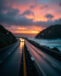 This image captures a wet, rainy scene of a sunset sky over a winding coastal highway, enhanced by a beautiful blurred bokeh 
