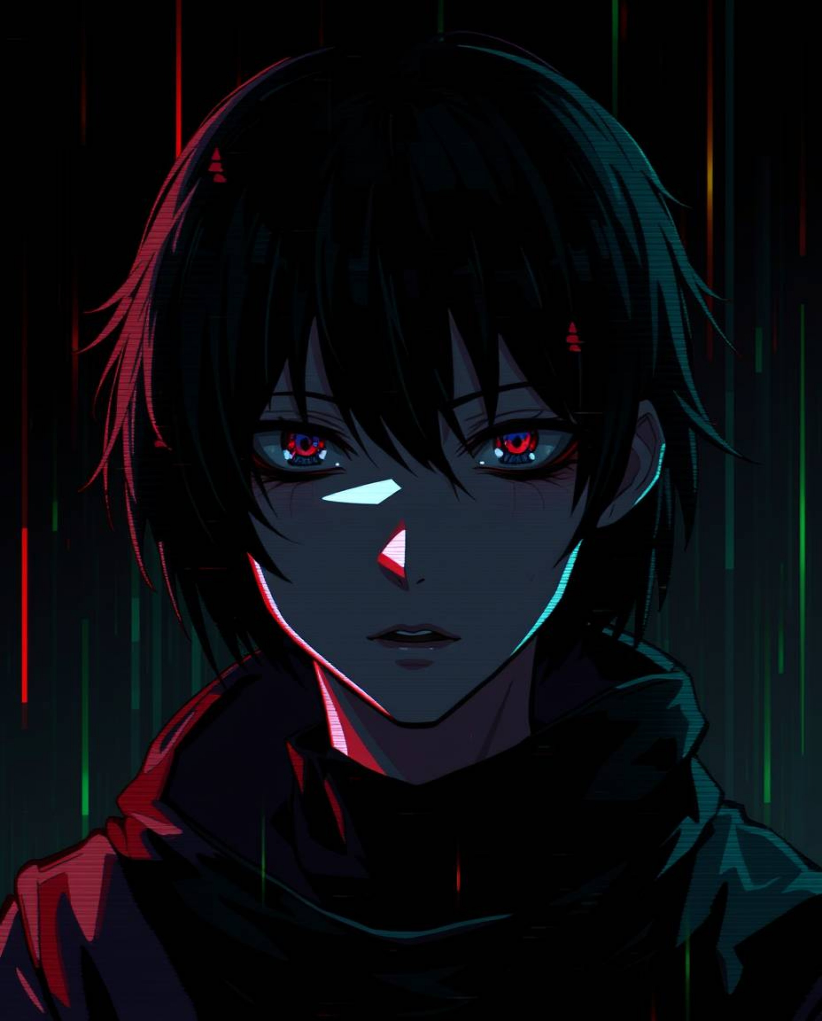 Experience the captivating blend of Isekai anime style and digital glitch art in this unique portrait.  The corrupted data ae
