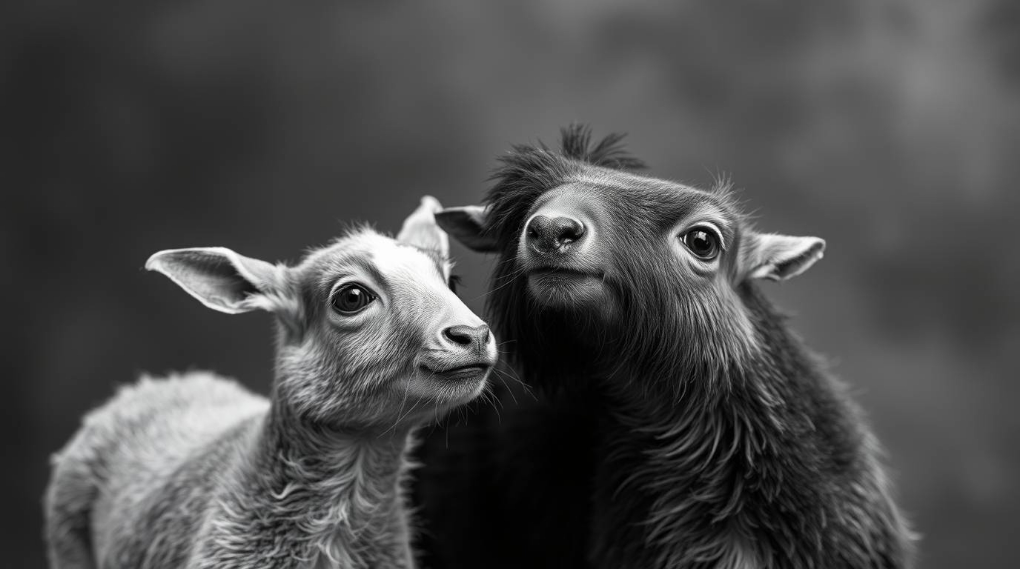 A classic black and white photograph captures the delightful mischief of two talking animals. Presented in a timeless and ele