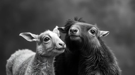 A classic black and white photograph captures the delightful mischief of two talking animals. Presented in a timeless and ele