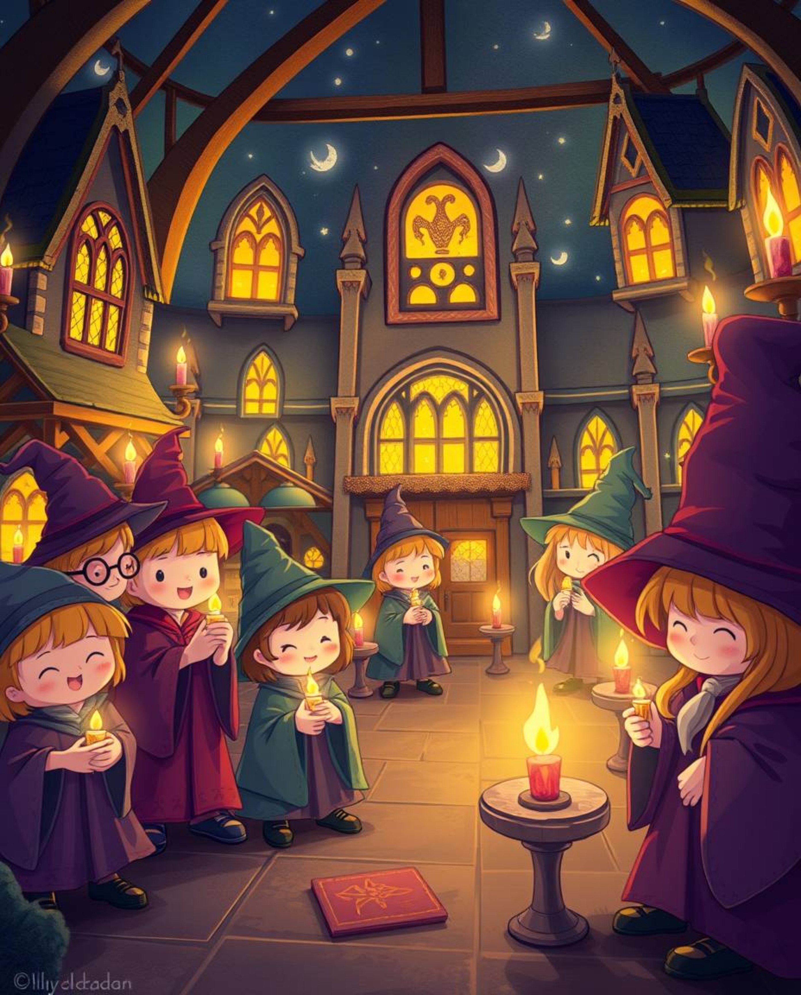 Discover a charming and adorable illustration of a magical school teeming with young wizards. The scene is bathed in the warm