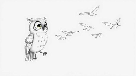 A heartwarming hand-drawn sketch in the style of Pixar portrays a visually impaired owl with soft, textured feathers and larg