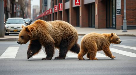 Discover a stunning high-resolution stock photo capturing a brown and beige bear family navigating an urban environment. This