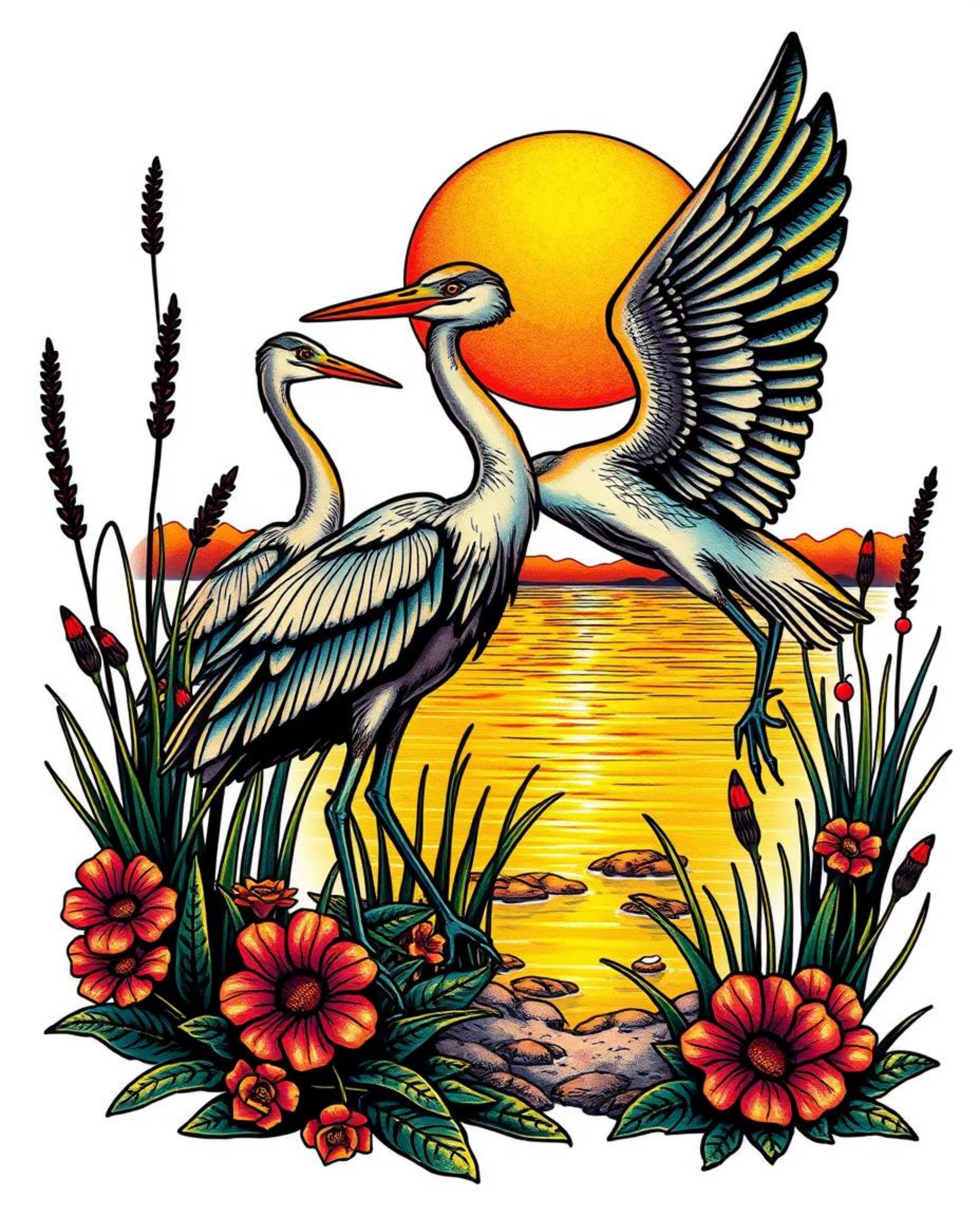 A traditional tattoo art print showcasing a Golden hour wetlands scene with herons. This piece is rendered in vibrant retro c