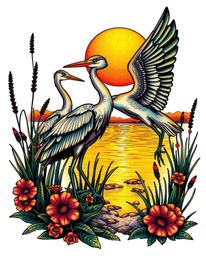A traditional tattoo art print showcasing a Golden hour wetlands scene with herons. This piece is rendered in vibrant retro c