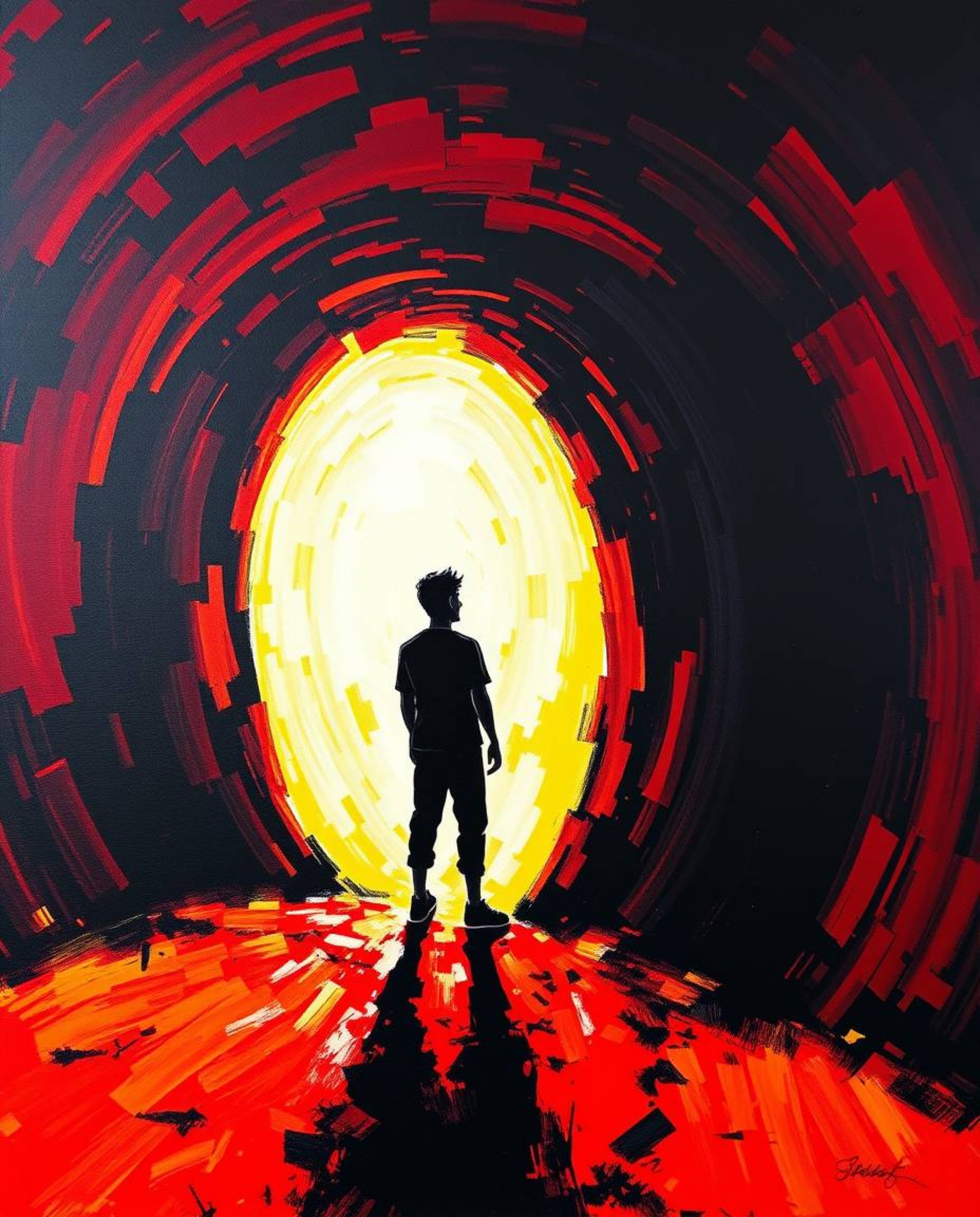 A figure contemplates the light at a tunnel's edge in this bold acrylic painting. The artwork utilizes a striking chiaroscuro