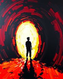 A figure contemplates the light at a tunnel's edge in this bold acrylic painting. The artwork utilizes a striking chiaroscuro