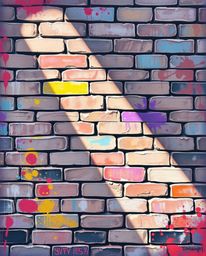 A bold acrylic painting capturing a brick wall with vibrant colors and textured brushstrokes, softly lit with diffused shadow