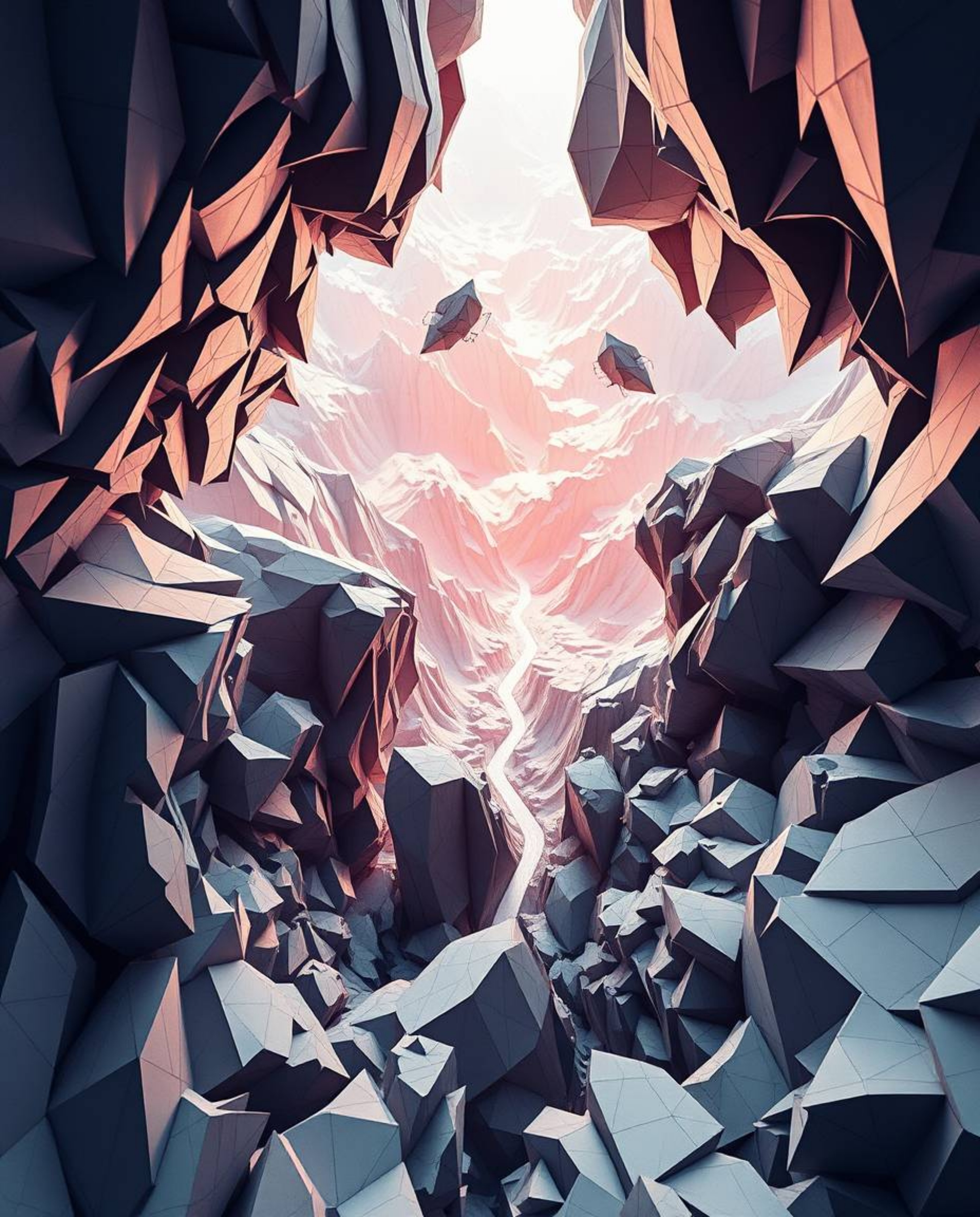 Explore a mesmerizing digital glitch landscape, presented from a high-angle perspective, that is dynamically breaking apart w