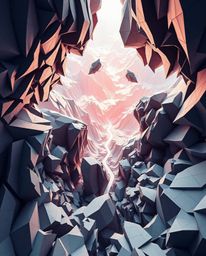 Explore a mesmerizing digital glitch landscape, presented from a high-angle perspective, that is dynamically breaking apart w