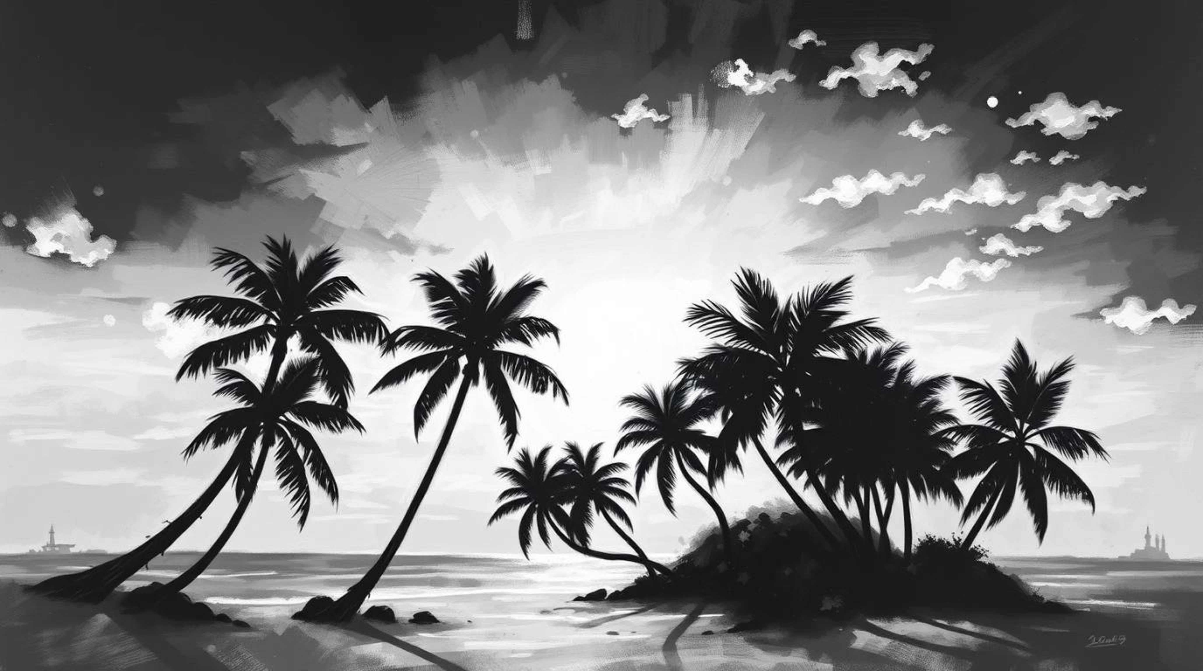A captivating black and white oil painting portrays a serene tropical beach sunset.  Palm trees sway gently in the breeze, th