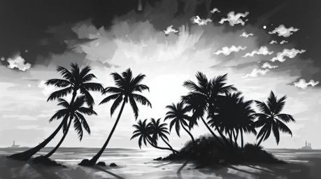 A captivating black and white oil painting portrays a serene tropical beach sunset.  Palm trees sway gently in the breeze, th