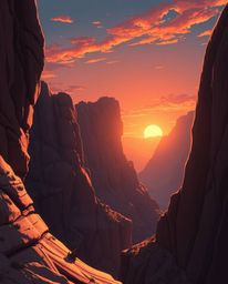 An Isekai anime-style depiction captures a graceful and elegant sunset illuminating sandstone cliffs in a canyon. The artwork