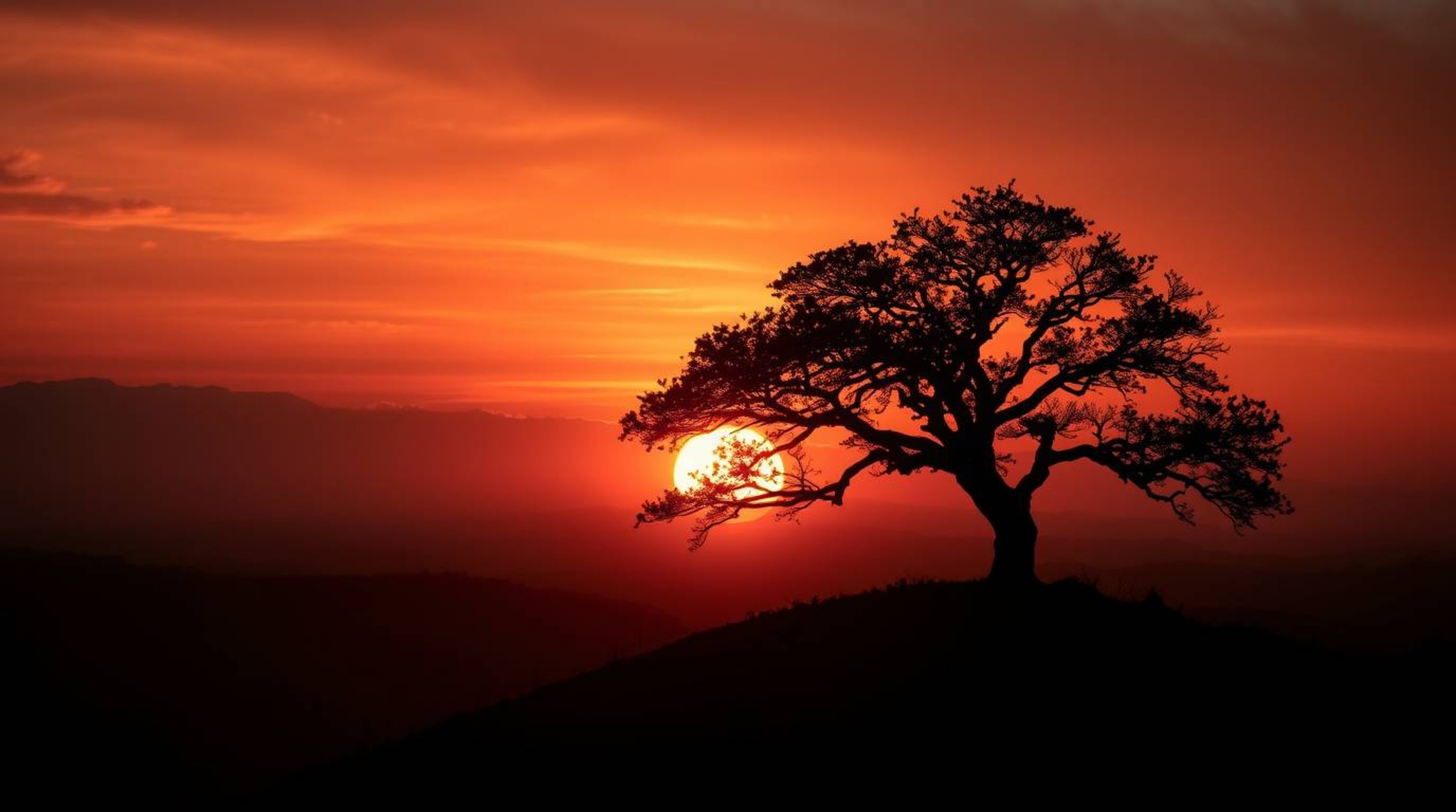 Witness a breathtaking lone tree silhouetted against a fiery sunset, intricately crafted in an origami style. The high-contra