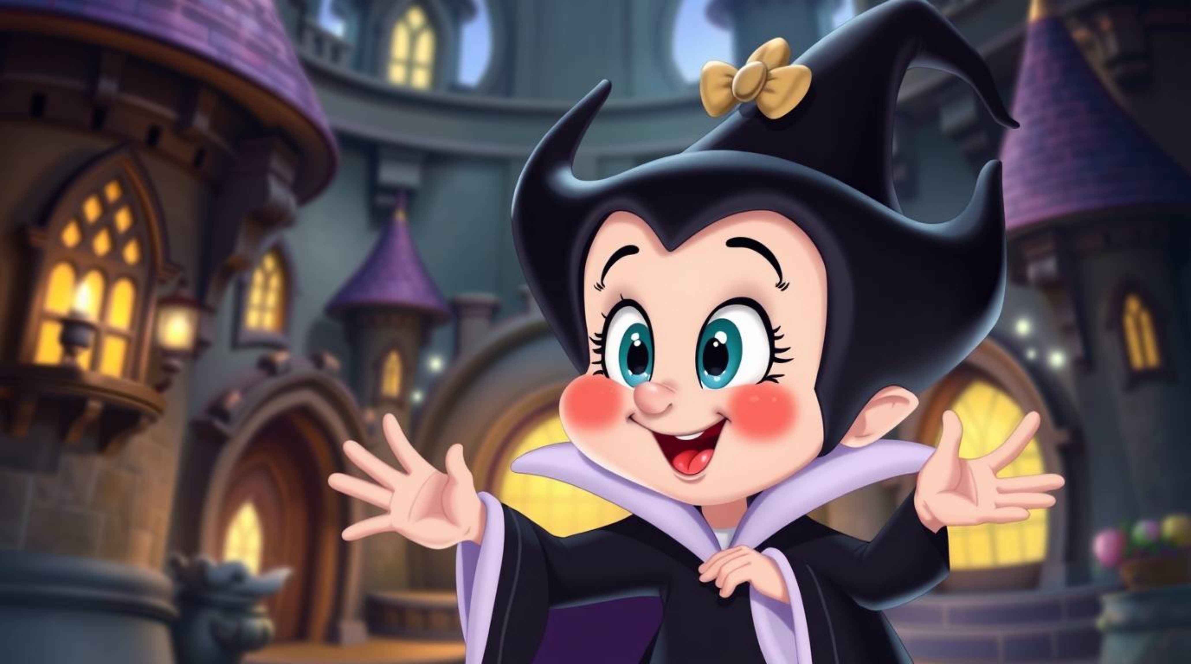 An adorable Disney villain, with captivating large eyes, rosy cheeks, and a charming smile, casts a spell within a whimsical 
