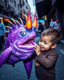 A captivating image showcases an unlikely friendship between a vibrant, almost alien-like sea creature and a child, captured