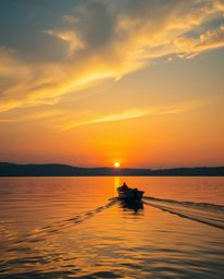 A vibrant sunset, depicted in bright, saturated colors, shows a small boat gently drifting on a calm lake. The intensity of t