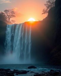 This artwork captures an enchanting and mystic scene of a sun setting behind a dramatic waterfall. The use of gentle color co
