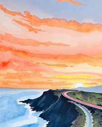 This is an extreme macro close-up of a delicate watercolor painting that captures a sunset sky over a winding coastal highway