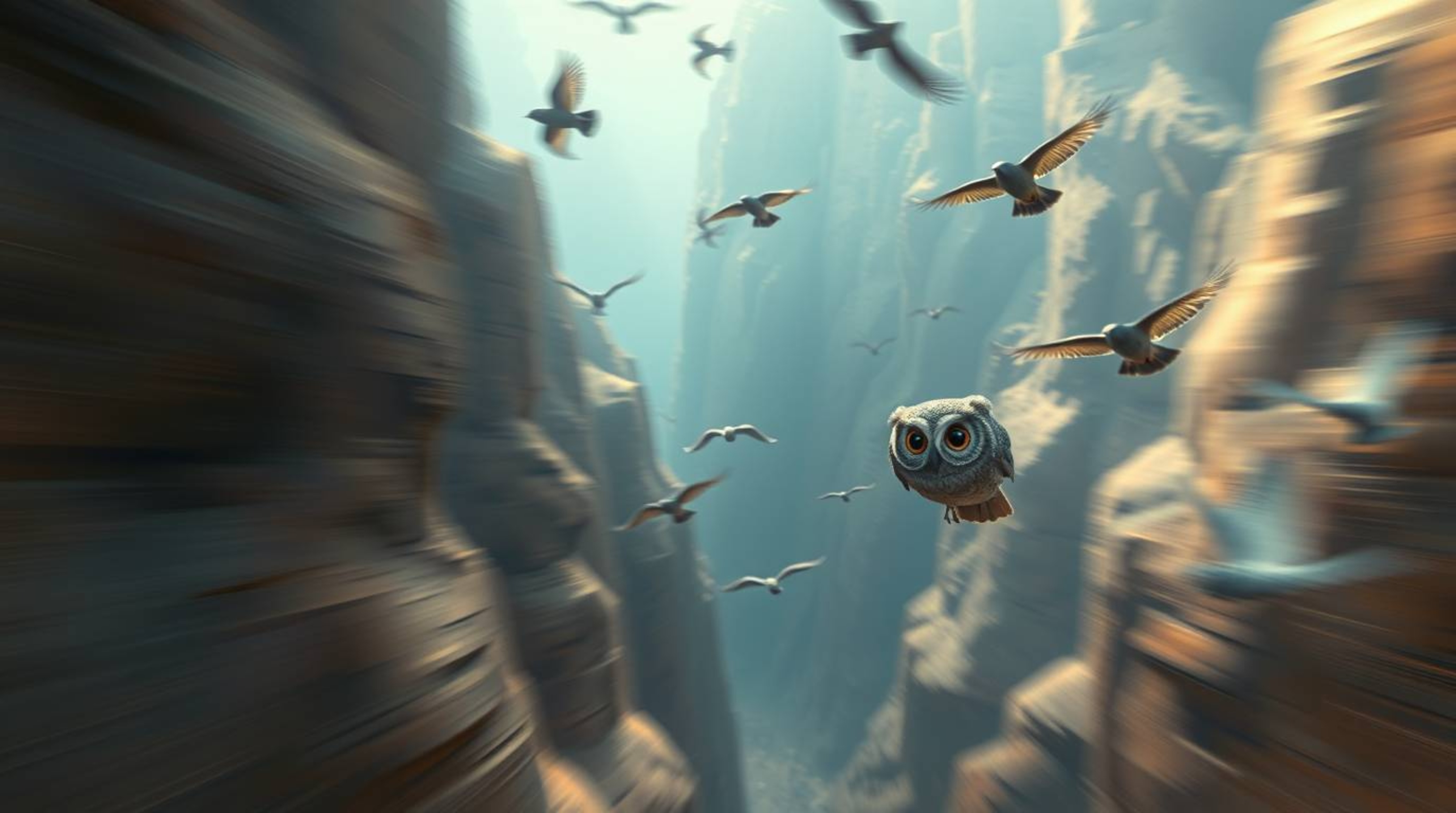A Pixar-inspired scene featuring a blind owl with gentle features expertly guiding birds in flight through a majestic canyon.