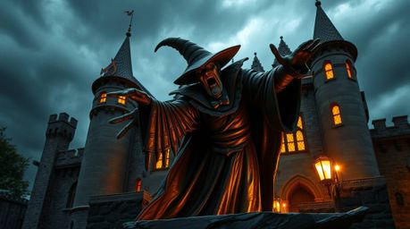 A captivating bronze sculpture depicting a classic Disney villain casting a spell within an ancient castle.  Rendered with in